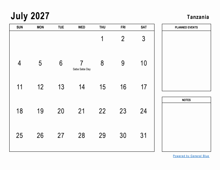 July 2027 Printable Monthly Calendar with Tanzania Holidays