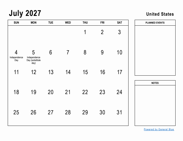 July 2027 Printable Monthly Calendar with United States Holidays