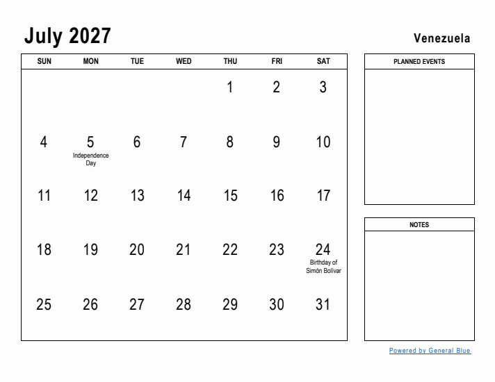 July 2027 Printable Monthly Calendar with Venezuela Holidays