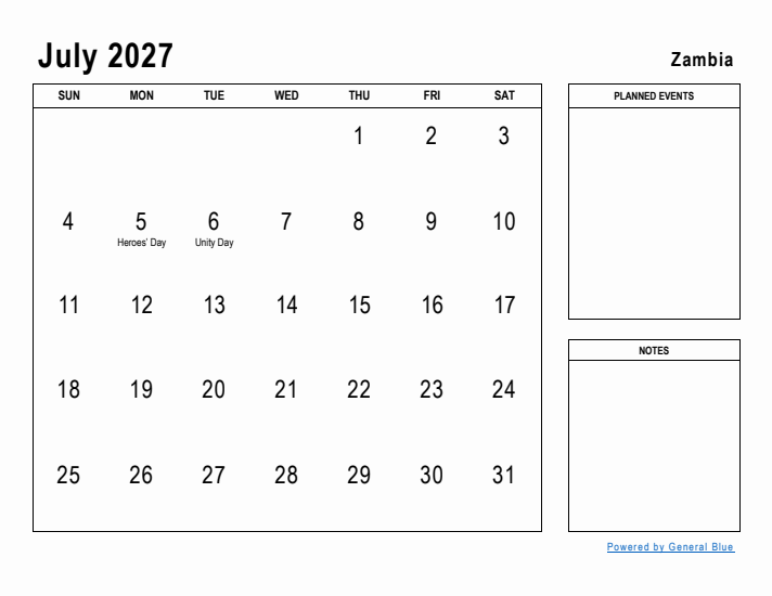 July 2027 Printable Monthly Calendar with Zambia Holidays