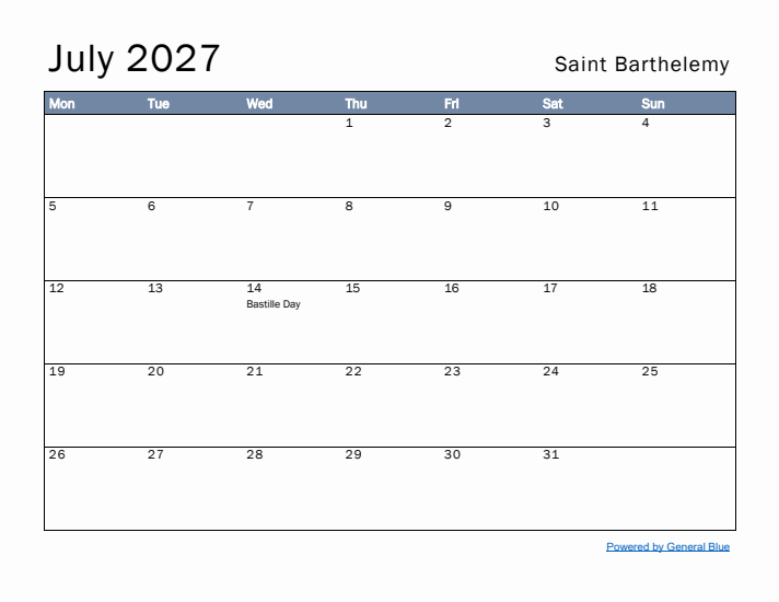 July 2027 Simple Monthly Calendar for Saint Barthelemy