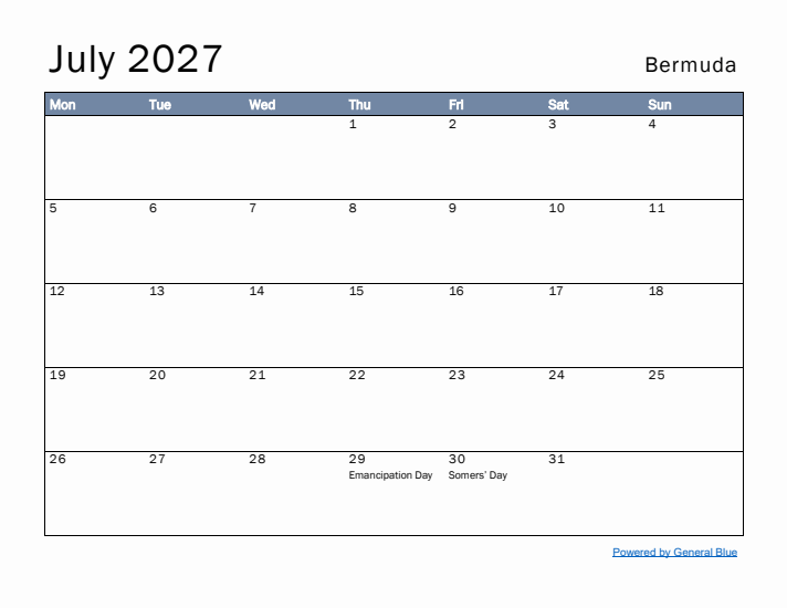 July 2027 Simple Monthly Calendar for Bermuda