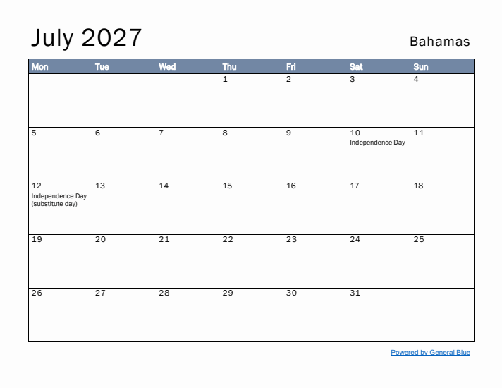 July 2027 Simple Monthly Calendar for Bahamas