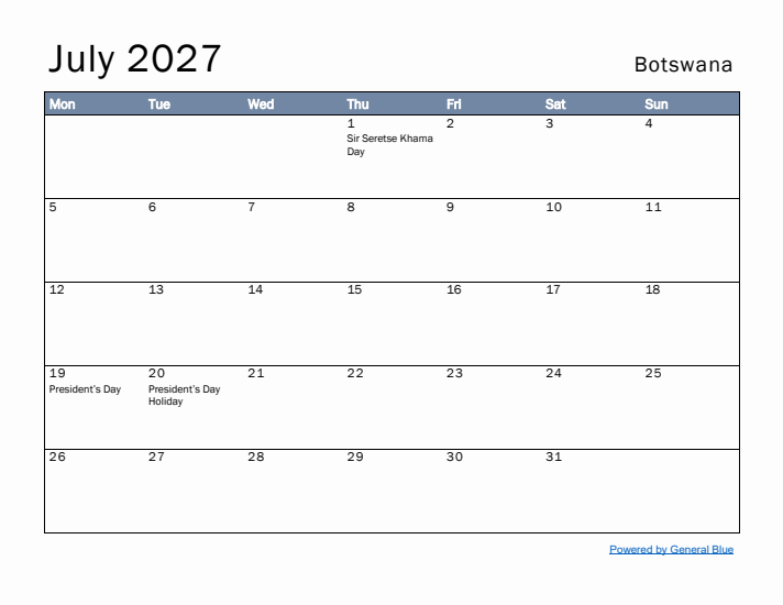 July 2027 Simple Monthly Calendar for Botswana