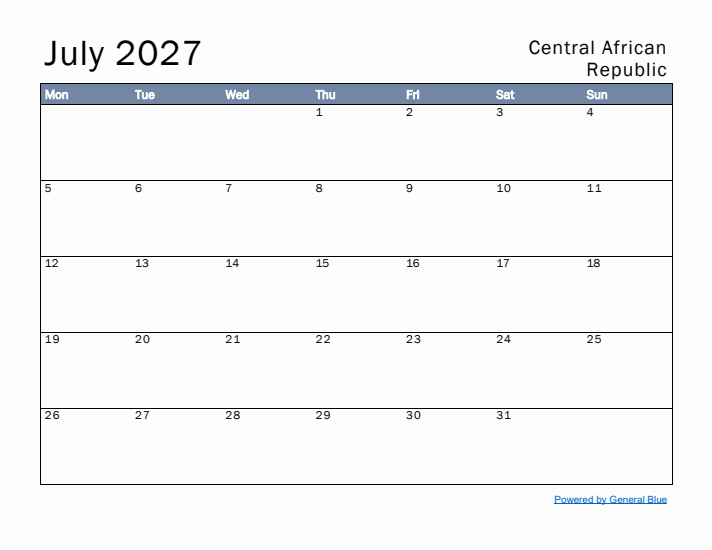 July 2027 Simple Monthly Calendar for Central African Republic