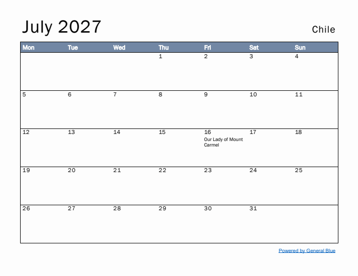 July 2027 Simple Monthly Calendar for Chile