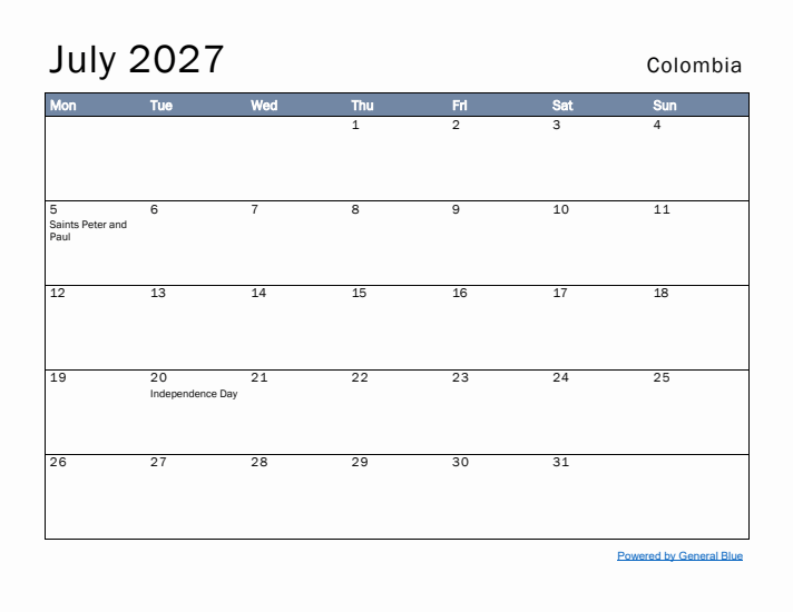 July 2027 Simple Monthly Calendar for Colombia