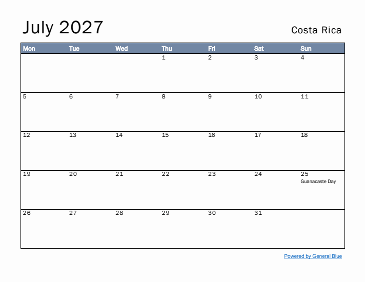 July 2027 Simple Monthly Calendar for Costa Rica