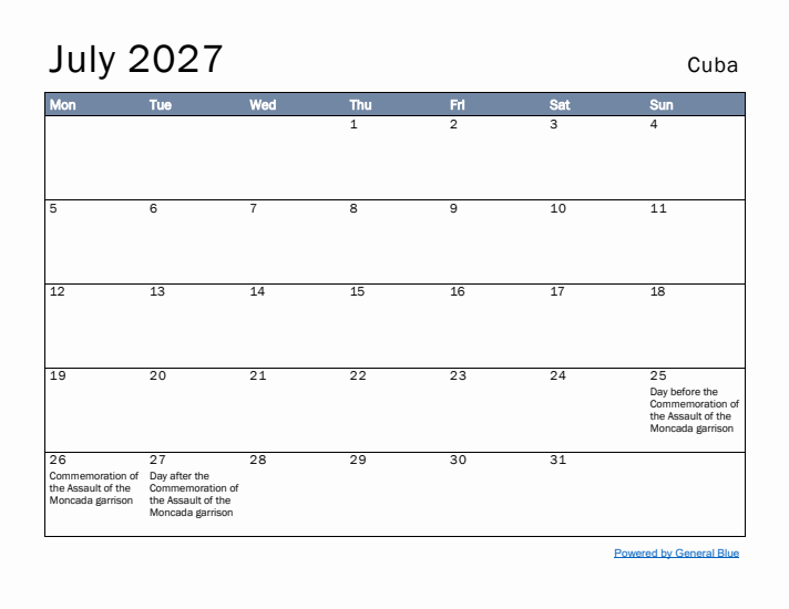 July 2027 Simple Monthly Calendar for Cuba