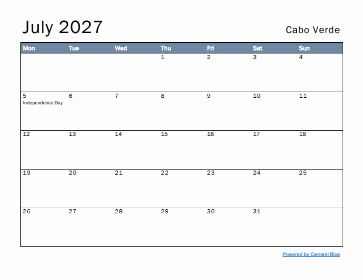 July 2027 Simple Monthly Calendar for Cabo Verde