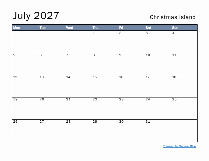 July 2027 Simple Monthly Calendar for Christmas Island