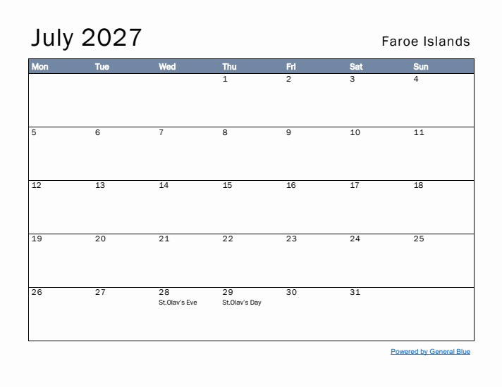 July 2027 Simple Monthly Calendar for Faroe Islands