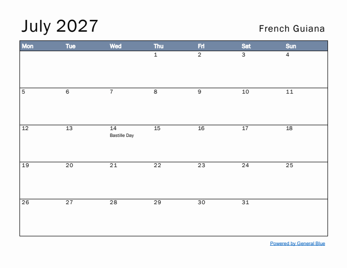 July 2027 Simple Monthly Calendar for French Guiana