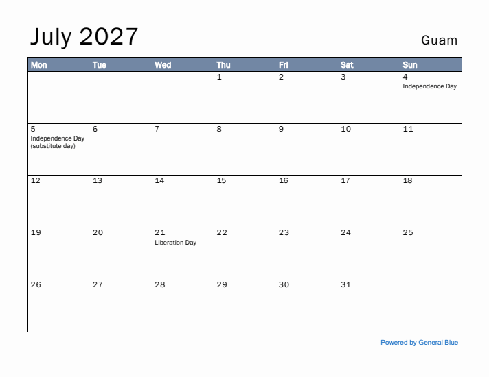 July 2027 Simple Monthly Calendar for Guam