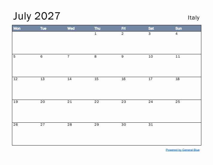 July 2027 Simple Monthly Calendar for Italy