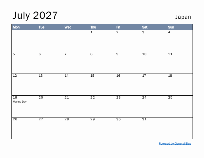 July 2027 Simple Monthly Calendar for Japan