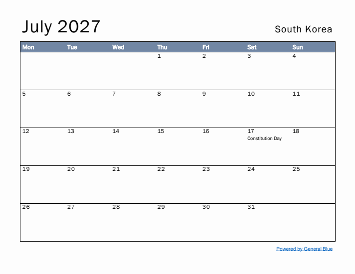 July 2027 Simple Monthly Calendar for South Korea