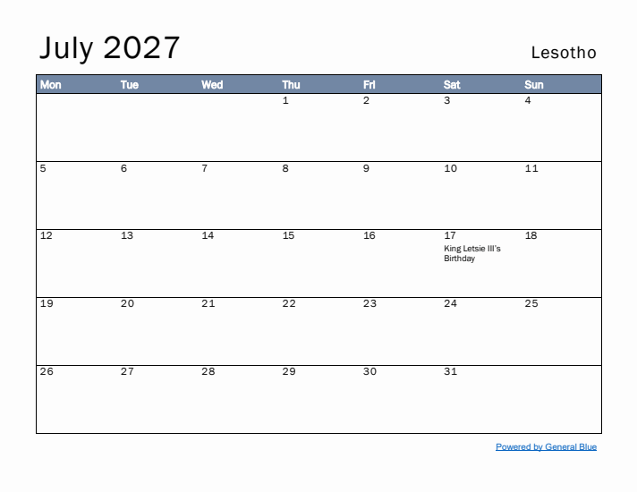 July 2027 Simple Monthly Calendar for Lesotho