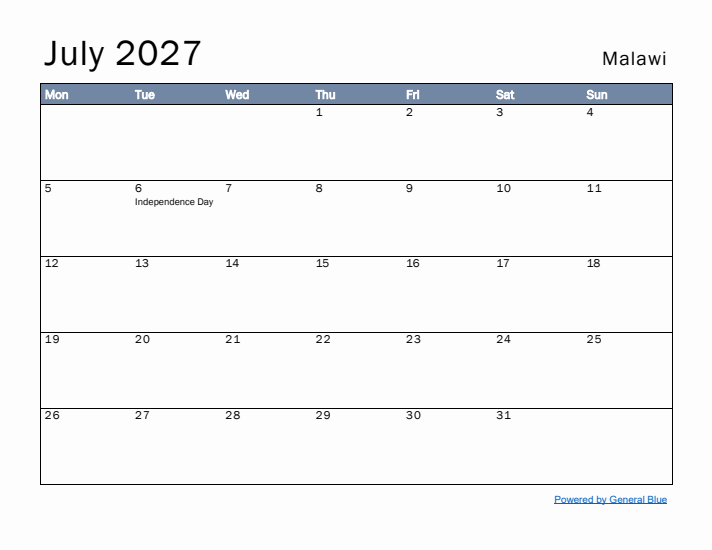 July 2027 Simple Monthly Calendar for Malawi