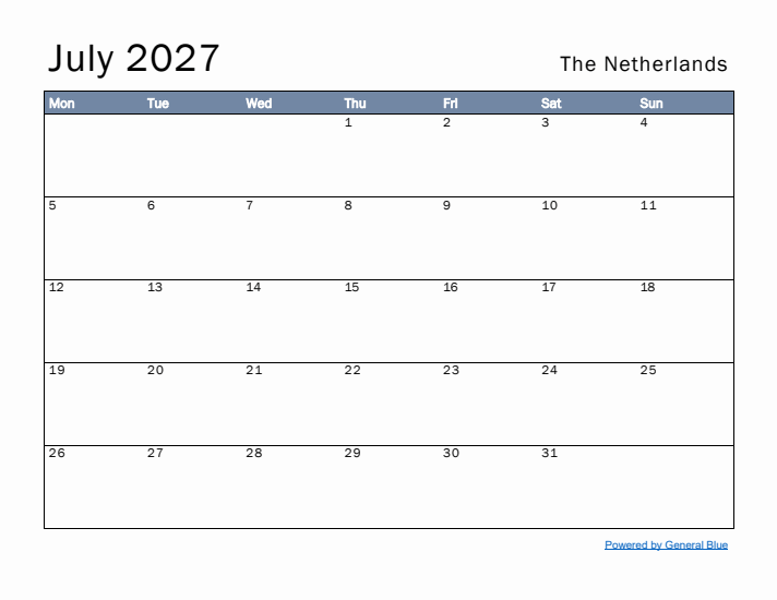 July 2027 Simple Monthly Calendar for The Netherlands