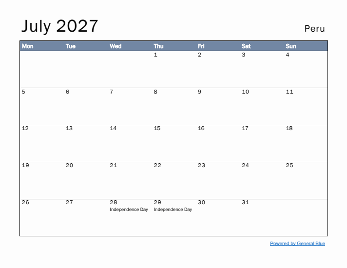 July 2027 Simple Monthly Calendar for Peru