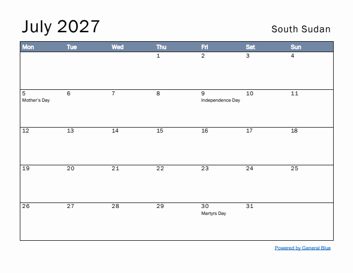 July 2027 Simple Monthly Calendar for South Sudan