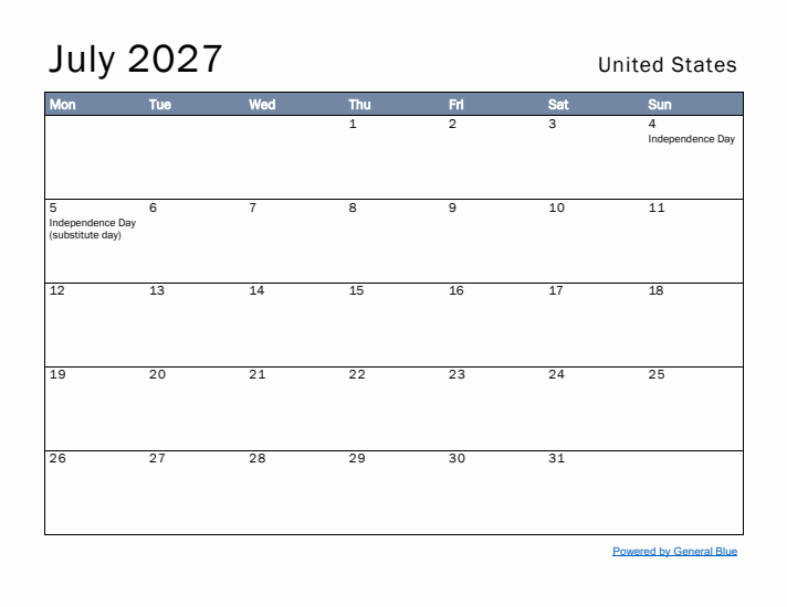 July 2027 Simple Monthly Calendar for United States