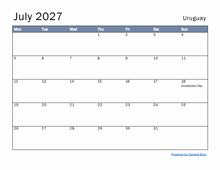 July 2027 Simple Monthly Calendar for Uruguay