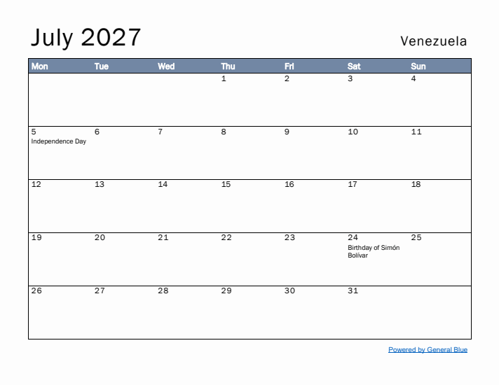 July 2027 Simple Monthly Calendar for Venezuela