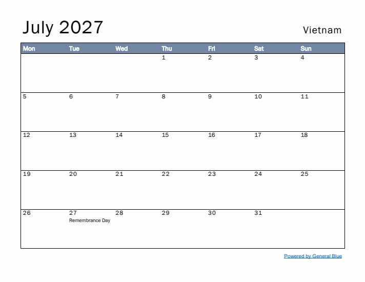 July 2027 Simple Monthly Calendar for Vietnam