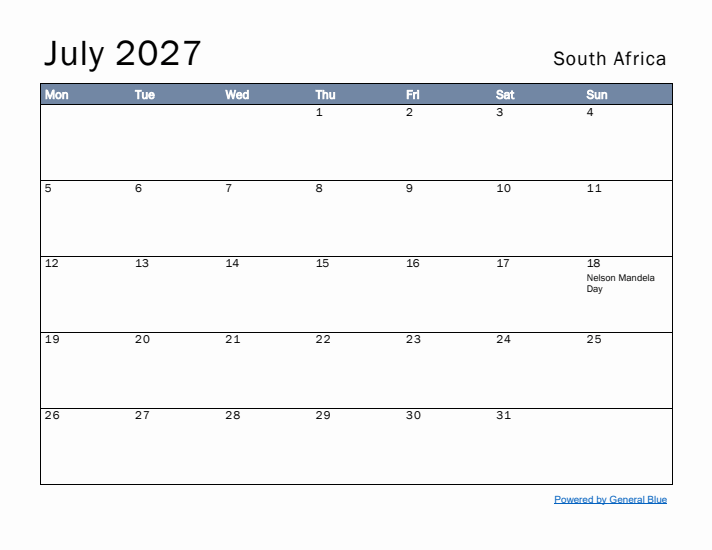 July 2027 Simple Monthly Calendar for South Africa