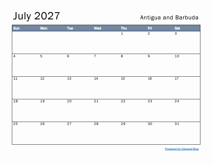 July 2027 Simple Monthly Calendar for Antigua and Barbuda