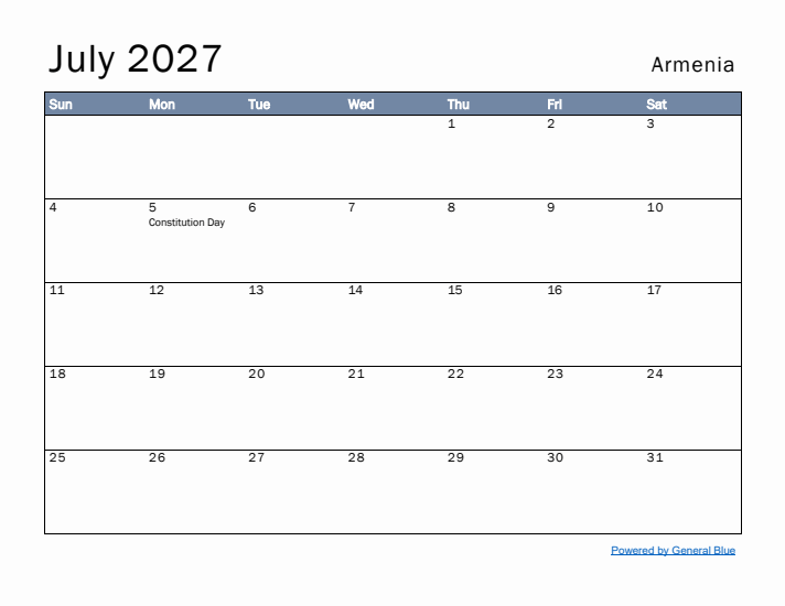 July 2027 Simple Monthly Calendar for Armenia