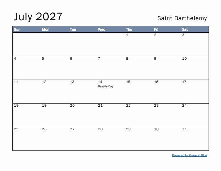 July 2027 Simple Monthly Calendar for Saint Barthelemy