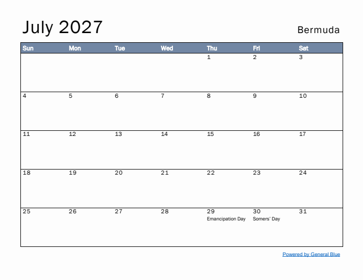 July 2027 Simple Monthly Calendar for Bermuda