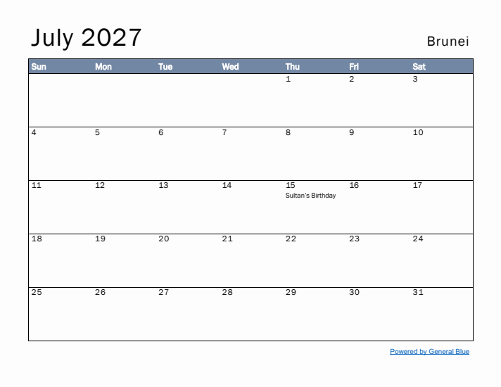 July 2027 Simple Monthly Calendar for Brunei