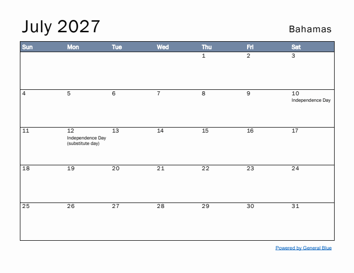 July 2027 Simple Monthly Calendar for Bahamas