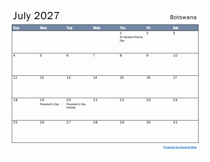 July 2027 Simple Monthly Calendar for Botswana