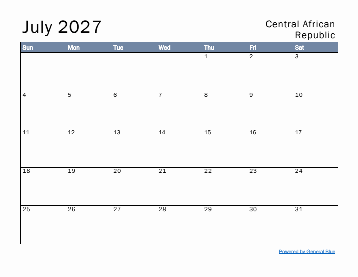 July 2027 Simple Monthly Calendar for Central African Republic