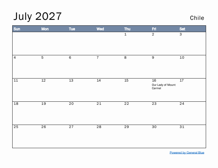 July 2027 Simple Monthly Calendar for Chile