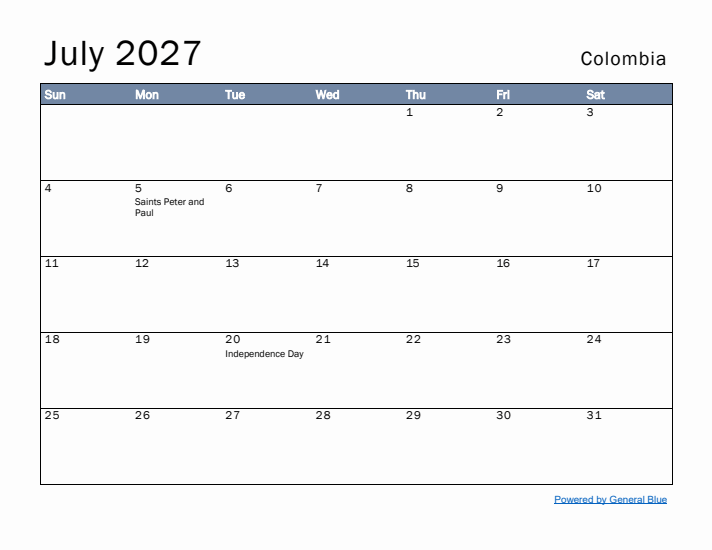 July 2027 Simple Monthly Calendar for Colombia