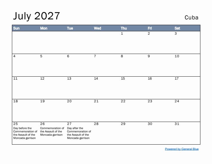 July 2027 Simple Monthly Calendar for Cuba