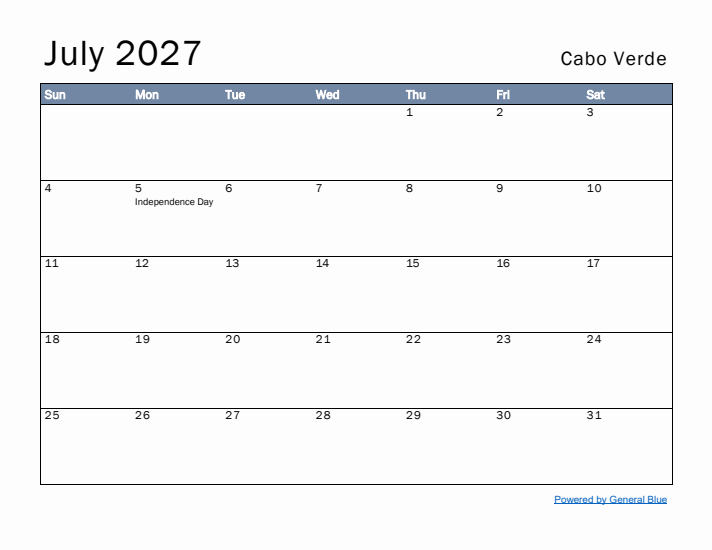 July 2027 Simple Monthly Calendar for Cabo Verde