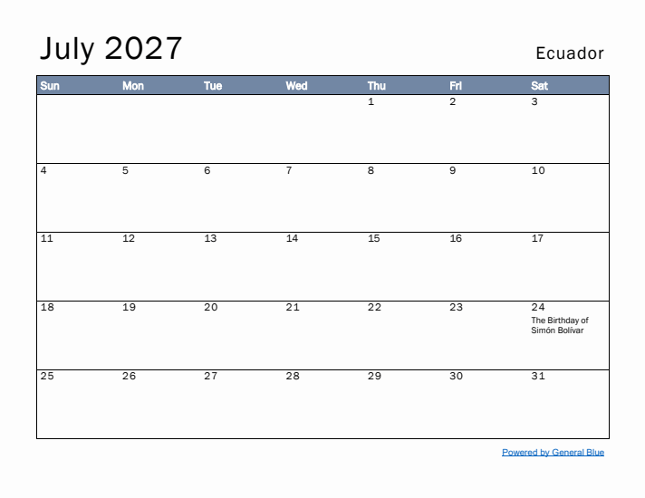 July 2027 Simple Monthly Calendar for Ecuador