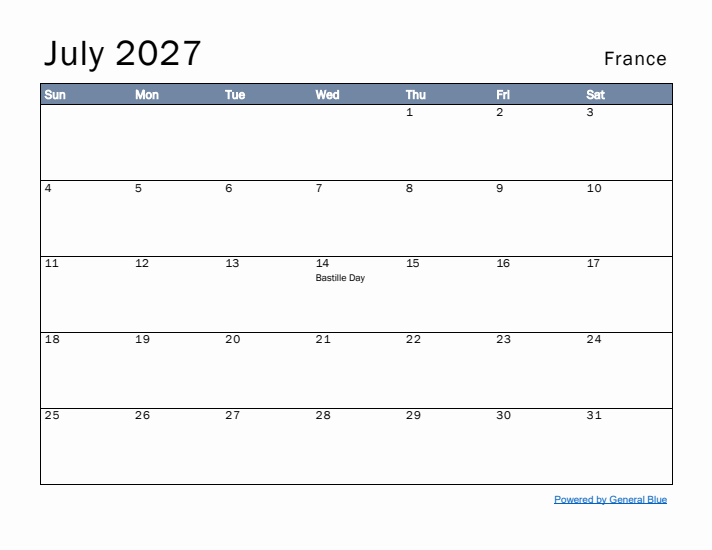 July 2027 Simple Monthly Calendar for France