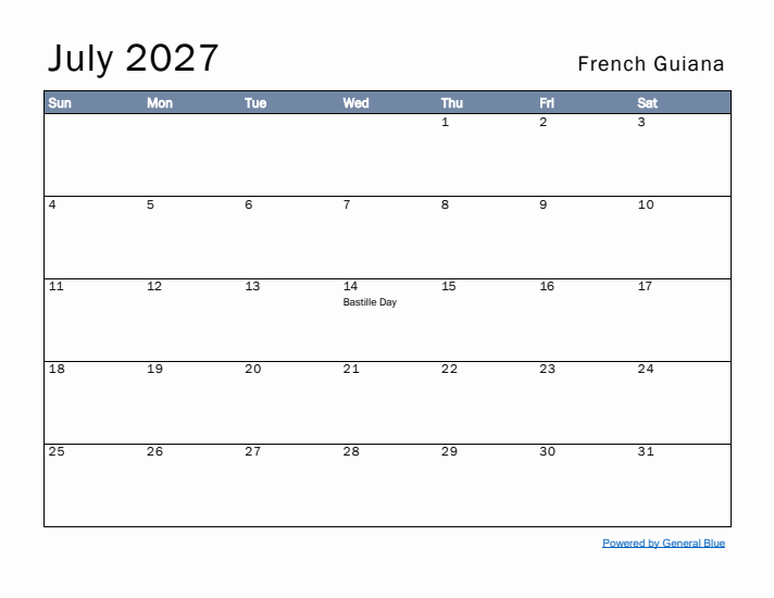 July 2027 Simple Monthly Calendar for French Guiana