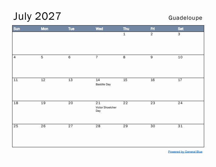 July 2027 Simple Monthly Calendar for Guadeloupe