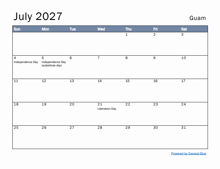 July 2027 Simple Monthly Calendar for Guam