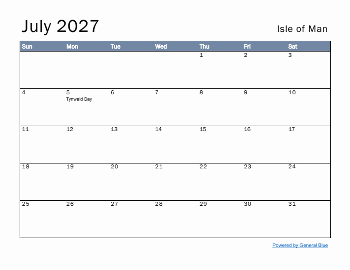 July 2027 Simple Monthly Calendar for Isle of Man