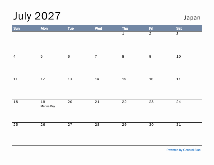 July 2027 Simple Monthly Calendar for Japan